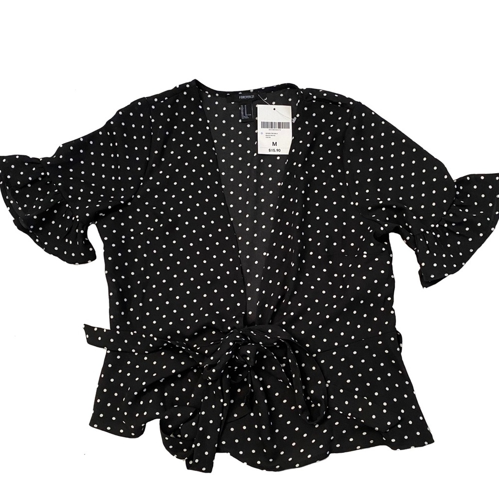 Black and White Woven Polka Dot Wrap Top